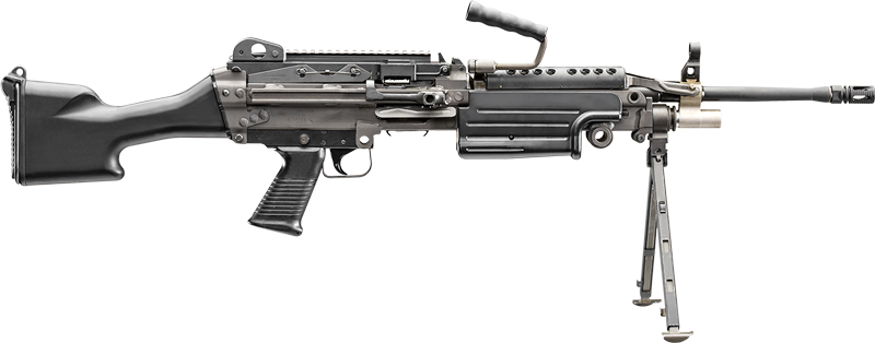 FN M249S semi-auto belt-fed rifle 5.56 NATO with 18.5 inch barrel, 30-round mag and 200-round box – FN M249 SAW civilian model.