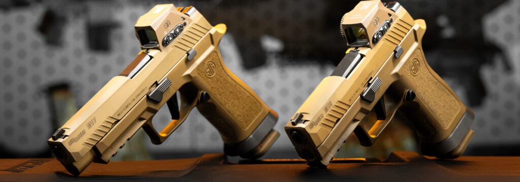 SIG Sauer M17 and M18 pistols in coyote-tan finish with optics installed, displayed side-by-side for comparison