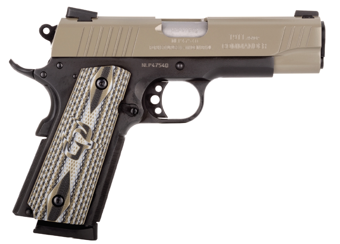 Taurus 1911 Commander .45ACP pistol with 4.2-inch barrel and Cerakote Sand finish.