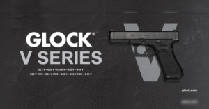 Glock V Series lineup featuring G17 V, G19 V, G19X V, G26 V, G45 V, G20 V MOS, G21 V MOS, and G23 V — new generation of Glock pistols.