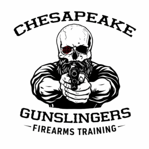 Maryland firearms training logo for Chesapeake Gunslingers in Fallston MD offering wear and carry permit classes, HQL training, and renewal courses